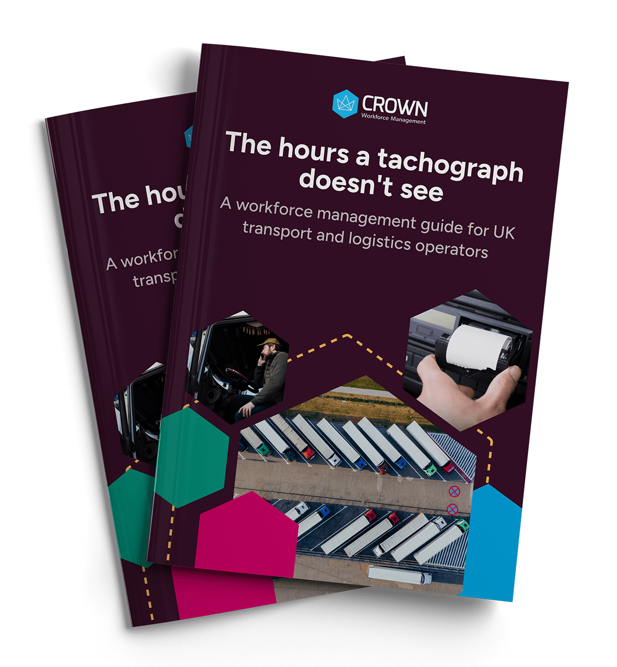 Two copies of a guide book titled "The hours a tachograph doesn't see" by Crown Workforce Management, featuring a dark purple cover with images of trucks and logistics.